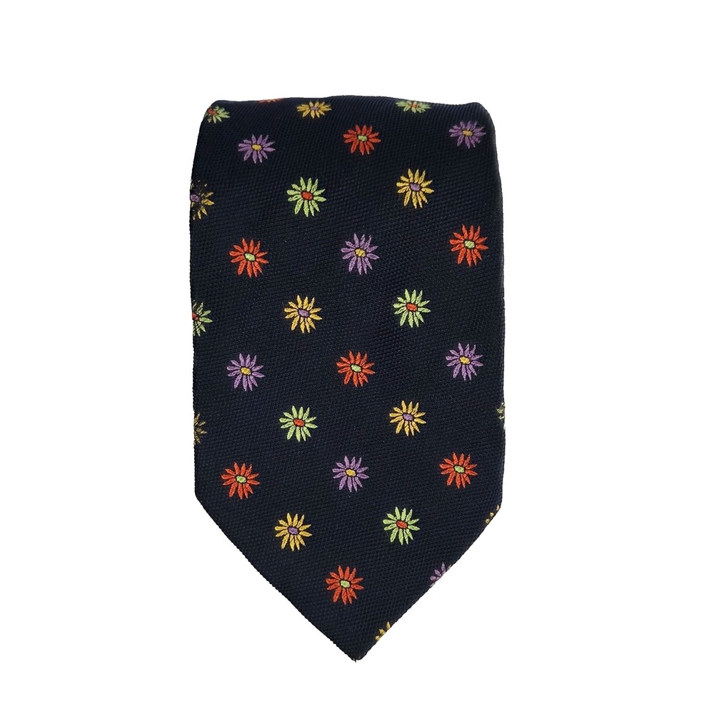 BODEN Men's Silk Necktie Navy Multicolor Floral Daisy Geometric Retro Print